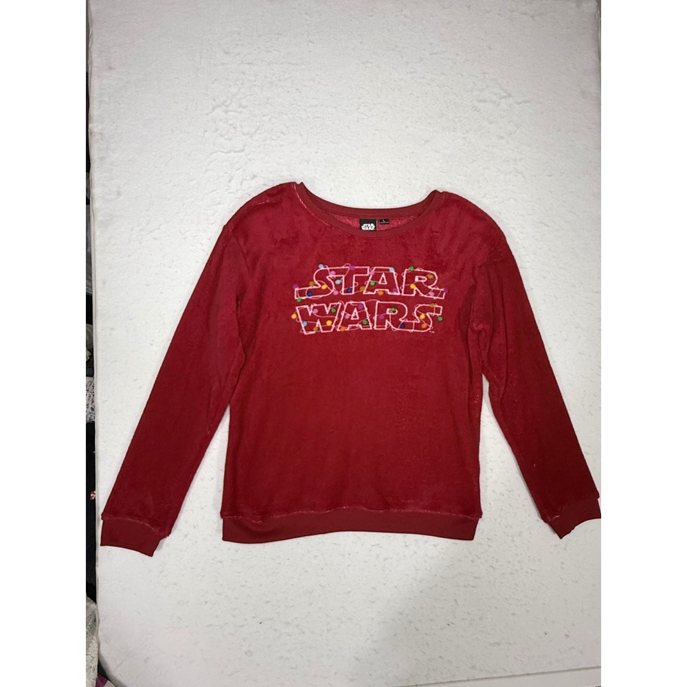 Star Wars Christmas Plush Fuzzy Crew Neck Sweatshirt Womens Pullover Deep Red